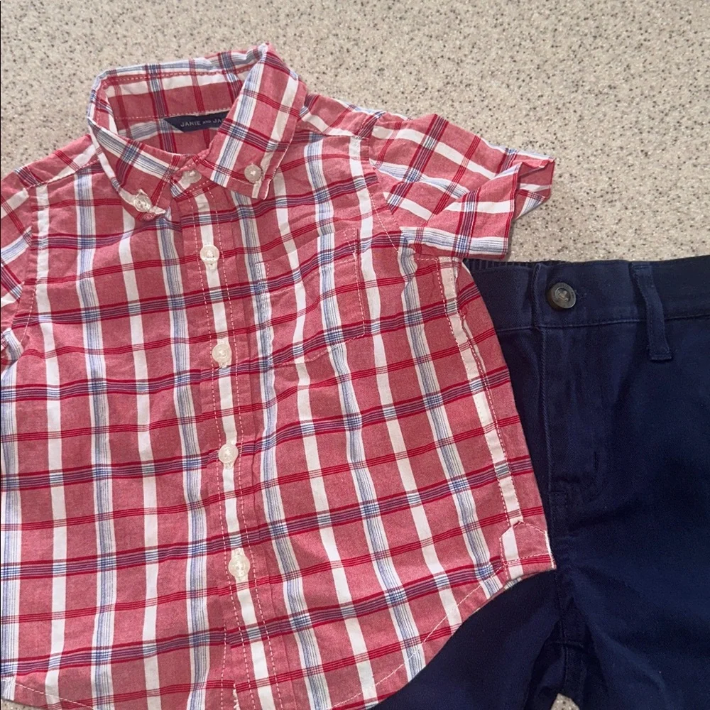 Janie and Jack Red Plaid Button down Collared dress shirt and Pants 6-12 months
